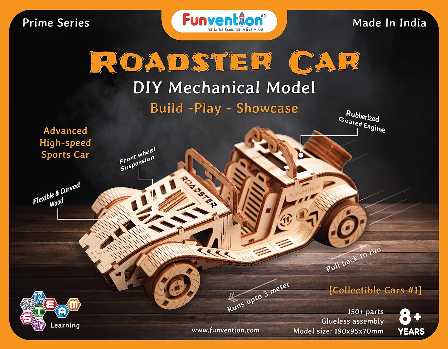 FUNVENTION Roadster Car - DIY Functional Mechanical Model 3D Puzzle STEM Lerning Kit Collectible Cars Building Kit with Working Wheels & Shocks