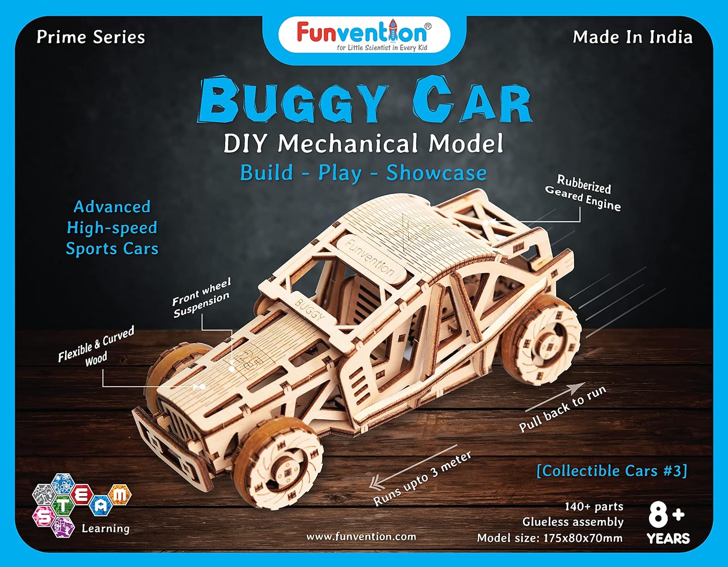 FUNVENTION Buggy Car - DIY Functional Mechanical Model 3D Puzzle STEM Lerning Kit Collectible Cars Building Kit with Working Wheels & Shocks