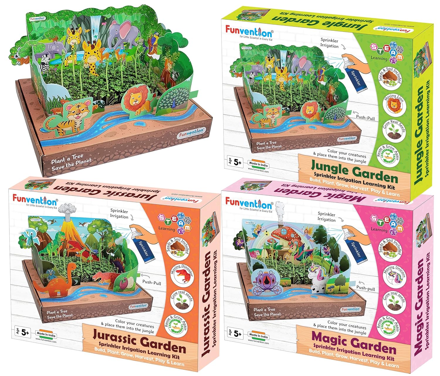 Funvention Combo of 3 Jungle + Jurassic + Magic Garden Sprinkler Irrigation DIY STEM Learning Kit for Kids