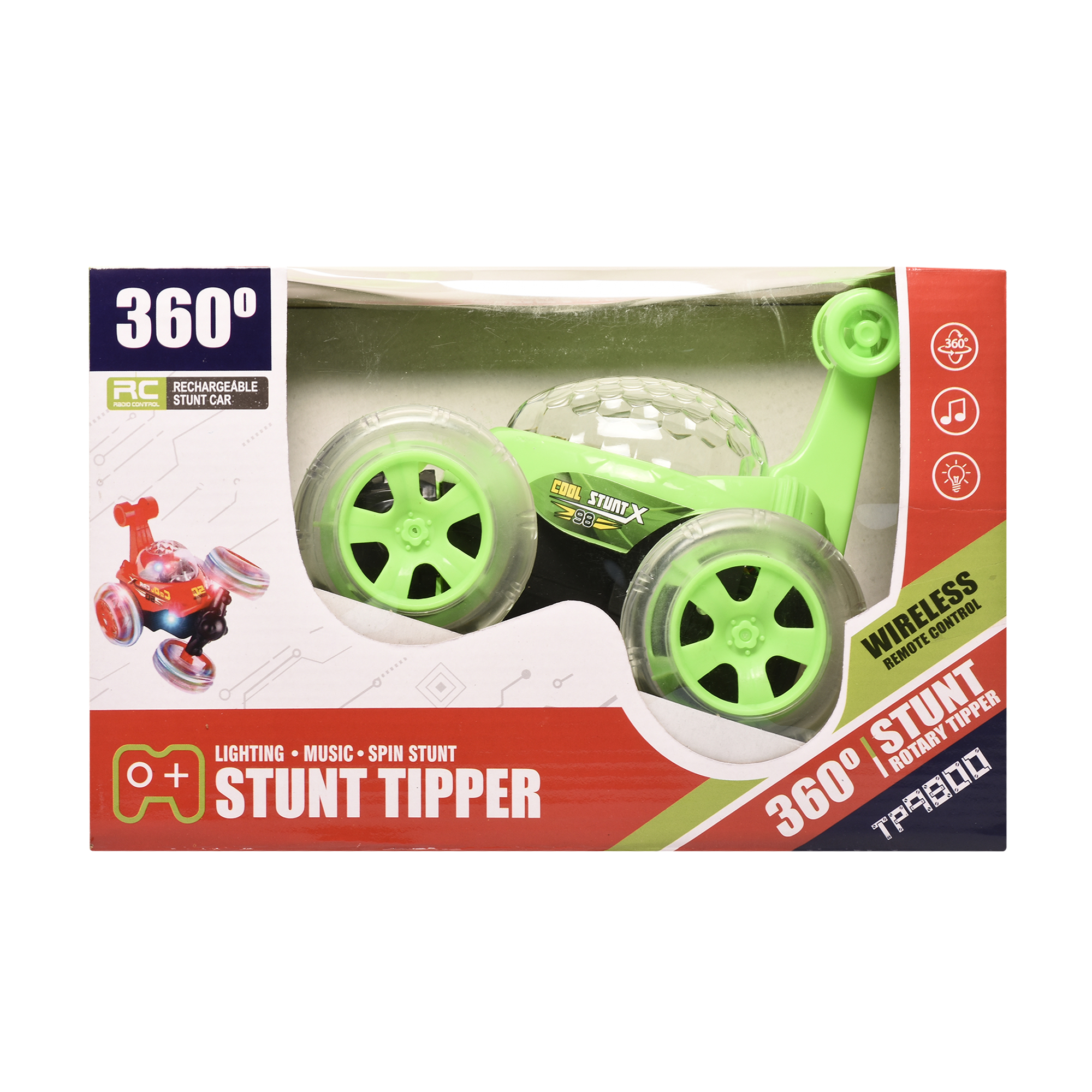 Rechargeable Remote Control Stunt Tipper RC Car Acrobatic 360 Degree Spiral Spin Twisting Stunt Car with Colorful Lights & Music Toys for Kids 5+Years (Green)
