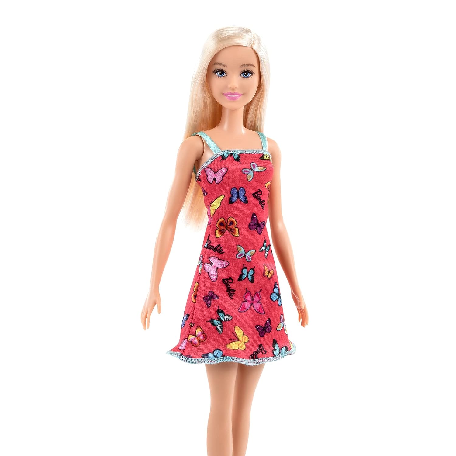 Barbie Doll (11.5 inches) with Colorful Butterfly Logo Print Red Dress & Strappy Heels, Great Gift for Ages 3 Years Old & Up