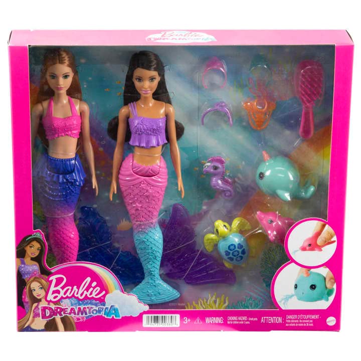 Barbie® Mermaid Set with 2 Brunette Dolls (12-in/30.40-cm), Colorful Mermaid Clothes, 4 Sea Pet Toys, 2 Tiaras, Headband, Necklace & Brush, Toy Gift for Ages 3 Years Old & Up