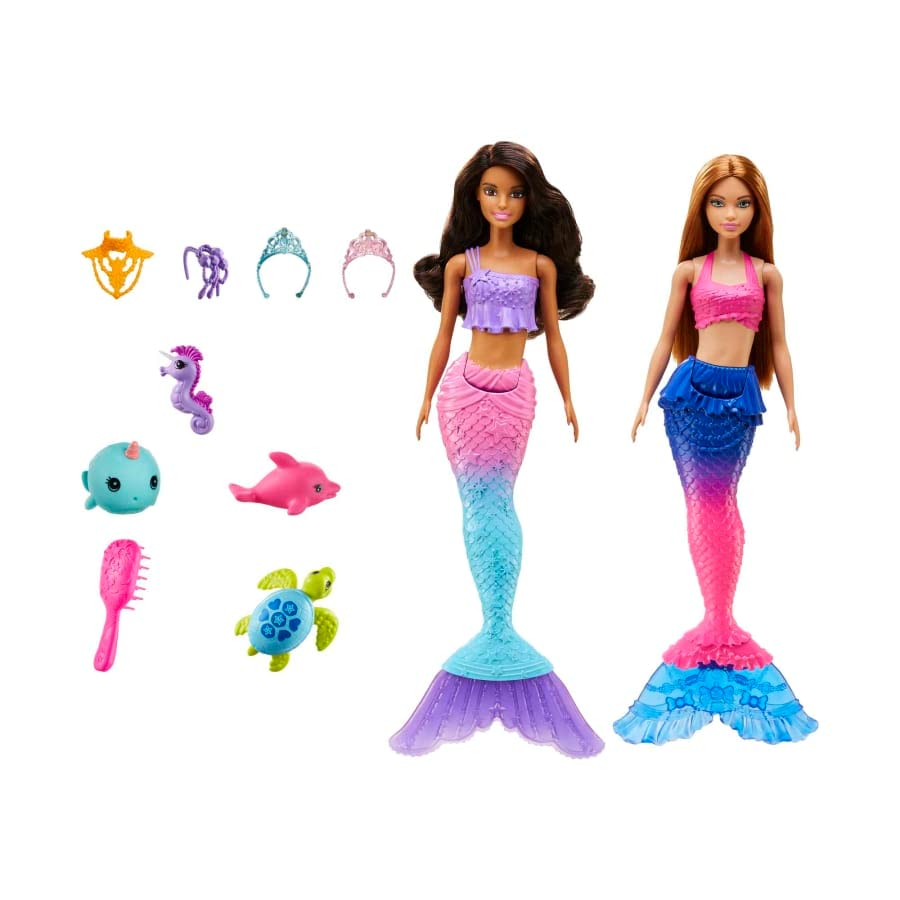 Barbie® Mermaid Set with 2 Brunette Dolls (12-in/30.40-cm), Colorful Mermaid Clothes, 4 Sea Pet Toys, 2 Tiaras, Headband, Necklace & Brush, Toy Gift for Ages 3 Years Old & Up