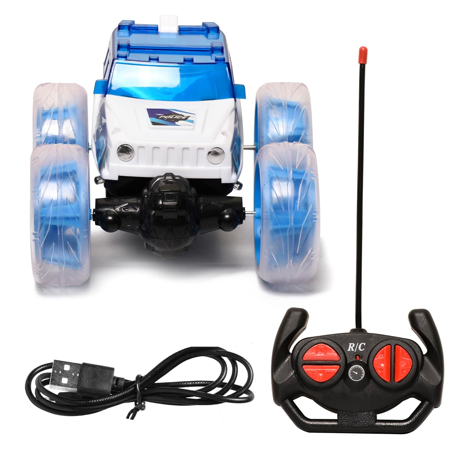 Braintastic 4x4 Off-Road Police Acrobat Rechargeable RC Remote Control 360 Degree Stunt Function Twisting Car with 5D Colorful Lights & Music Toys for Kids 5+Years (Blue)