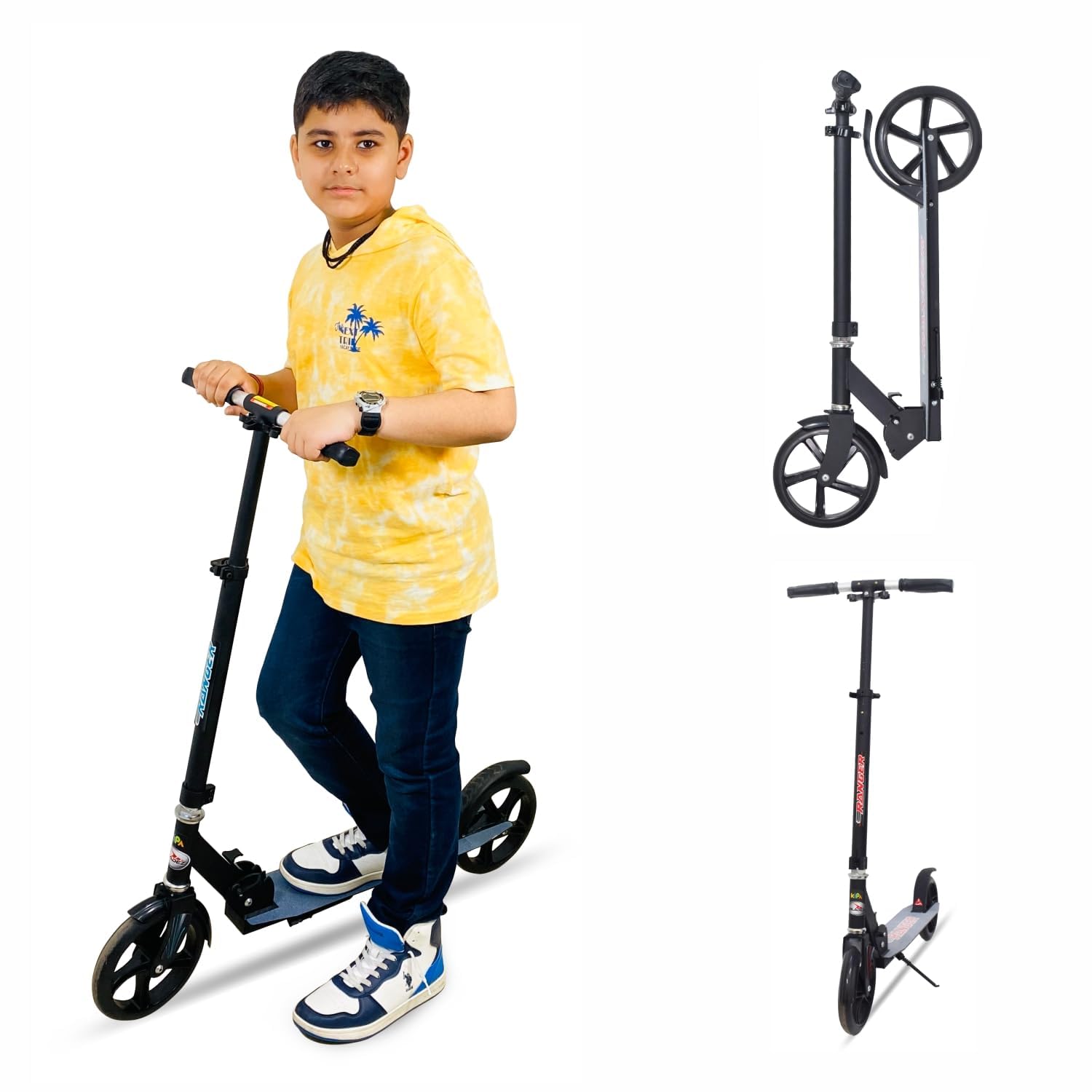 Braintastic Folding Ranger Kick Scooter Light Weight Made with Aeronautical Grade Aluminum Alloy with 3 Adjustment Levels Big 200 mm Wheels Scooters with Carry Strap for Kids