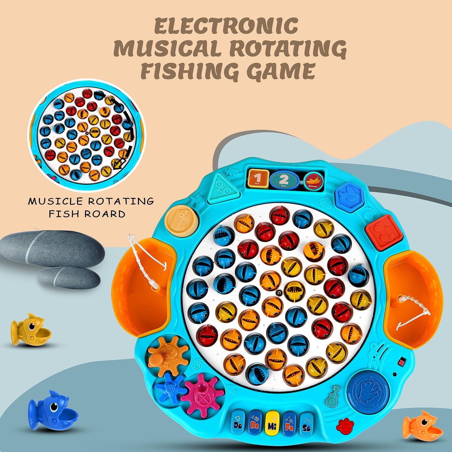 Braintastic Motorized Musical Rotating Fun Fishing Game Toy with 45 Colorful Fish and 2 Fishing Poles Inbuilt Musical Piano for Kids