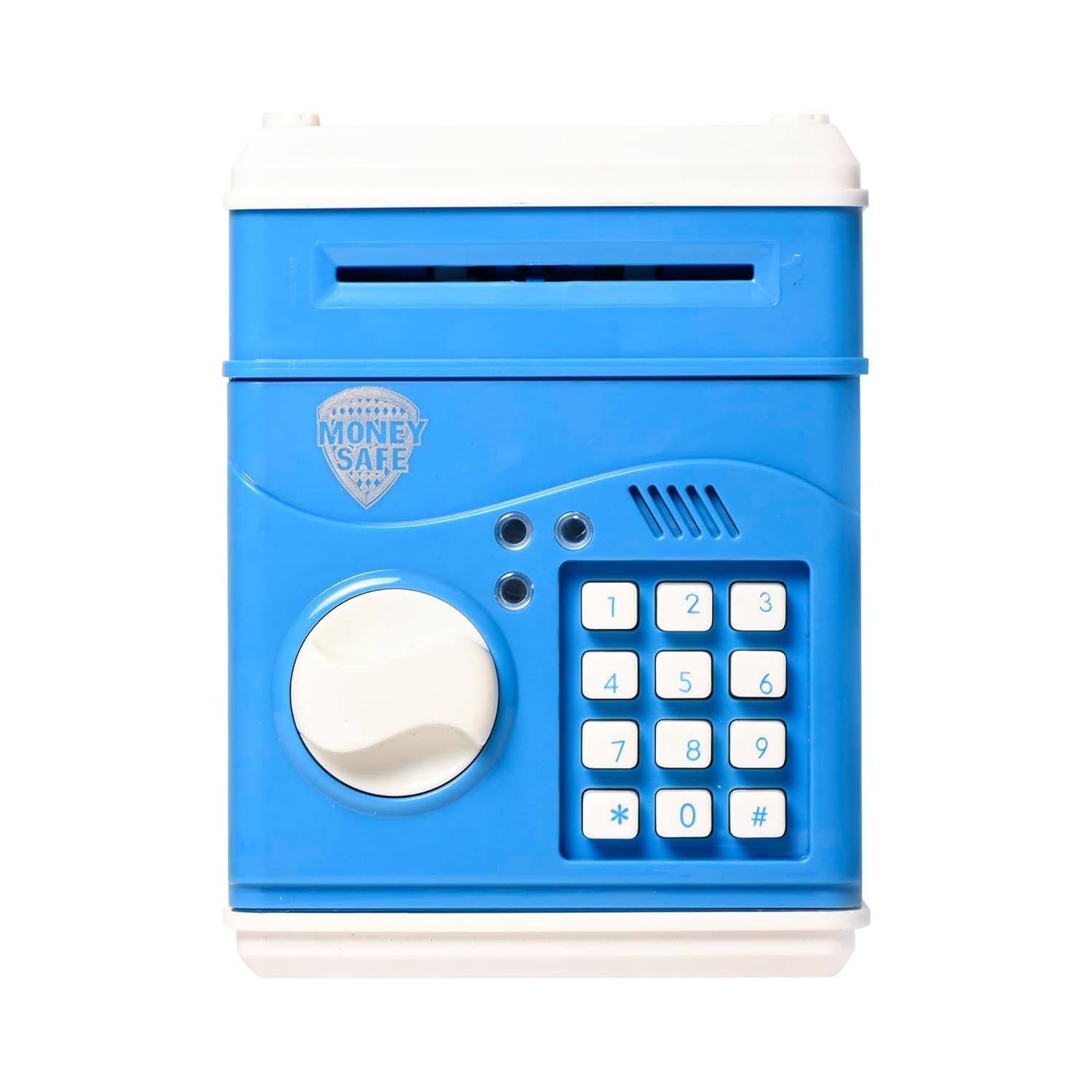 ATM Money Locker Piggy Bank Battery Operated Coin Bank with Automatic Door Open Electronics Security Lock & Password Key Toys for Kids (Blue)
