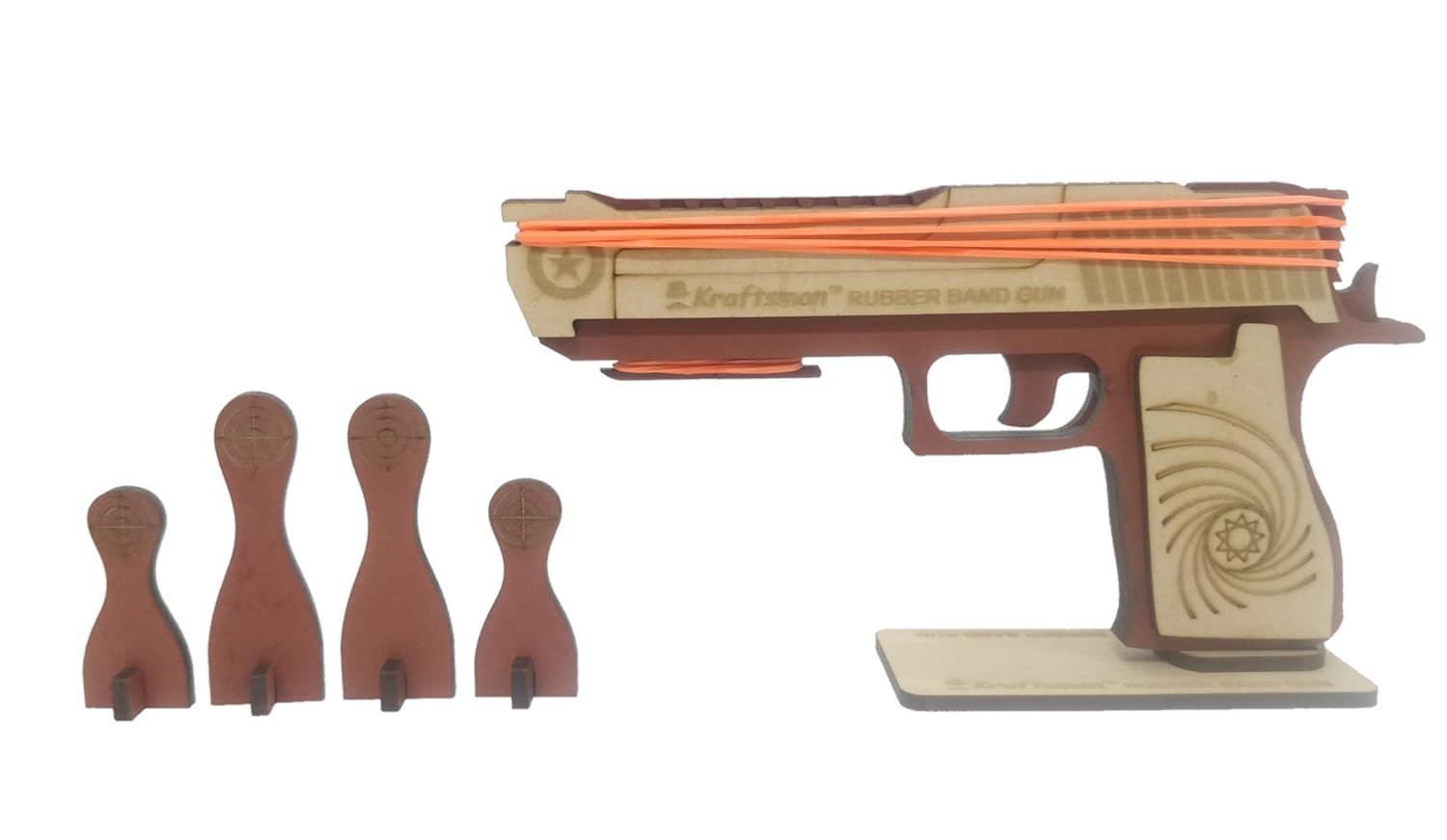 Braintastic Wooden Semi-Automatic Rubber Band Shooting Gun Toys with 5 Rapid Fire Shots for Kids (Beige Brown)