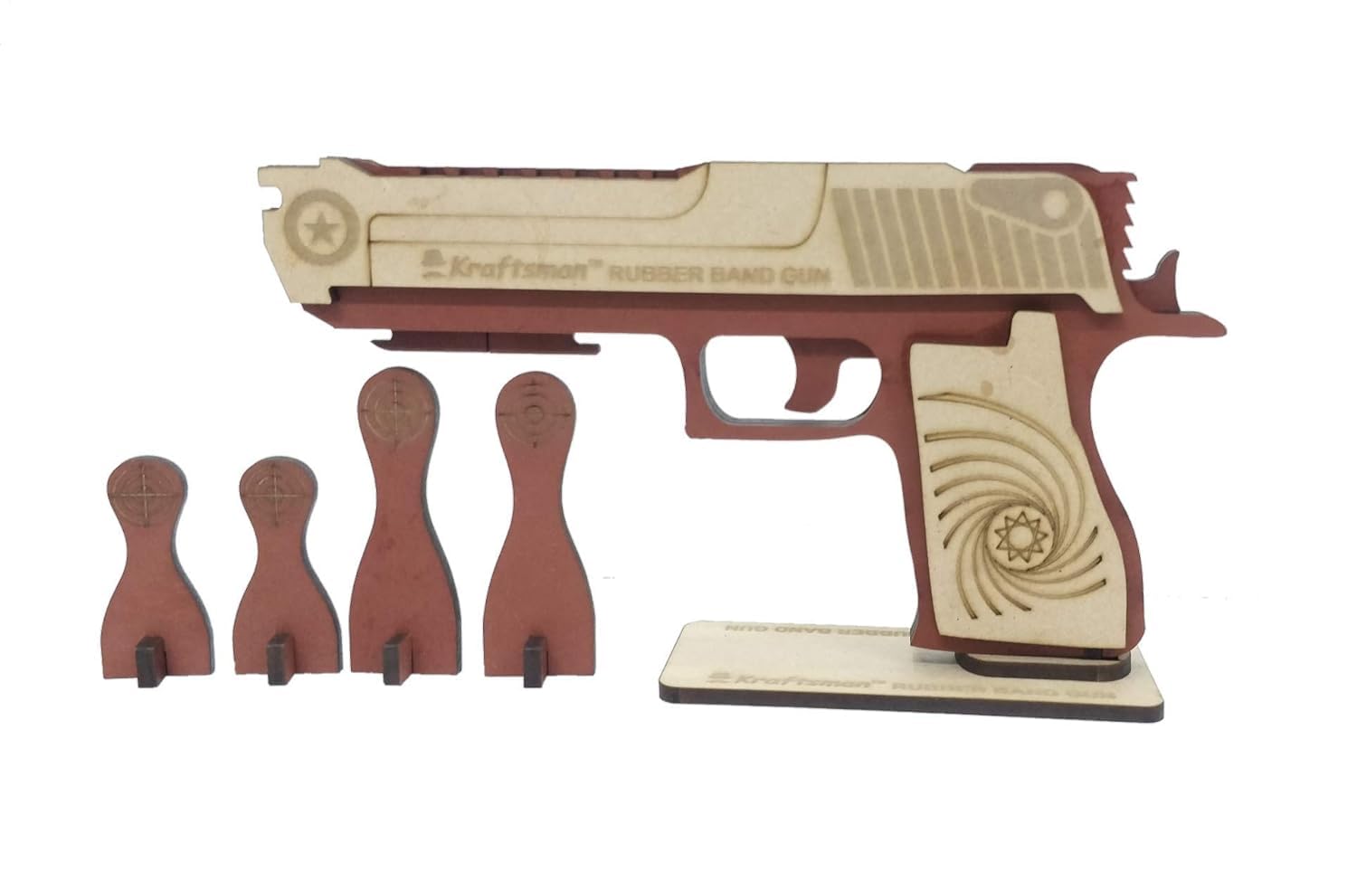 Braintastic Wooden Semi-Automatic Rubber Band Shooting Gun Toys with 5 Rapid Fire Shots for Kids (Beige Brown)