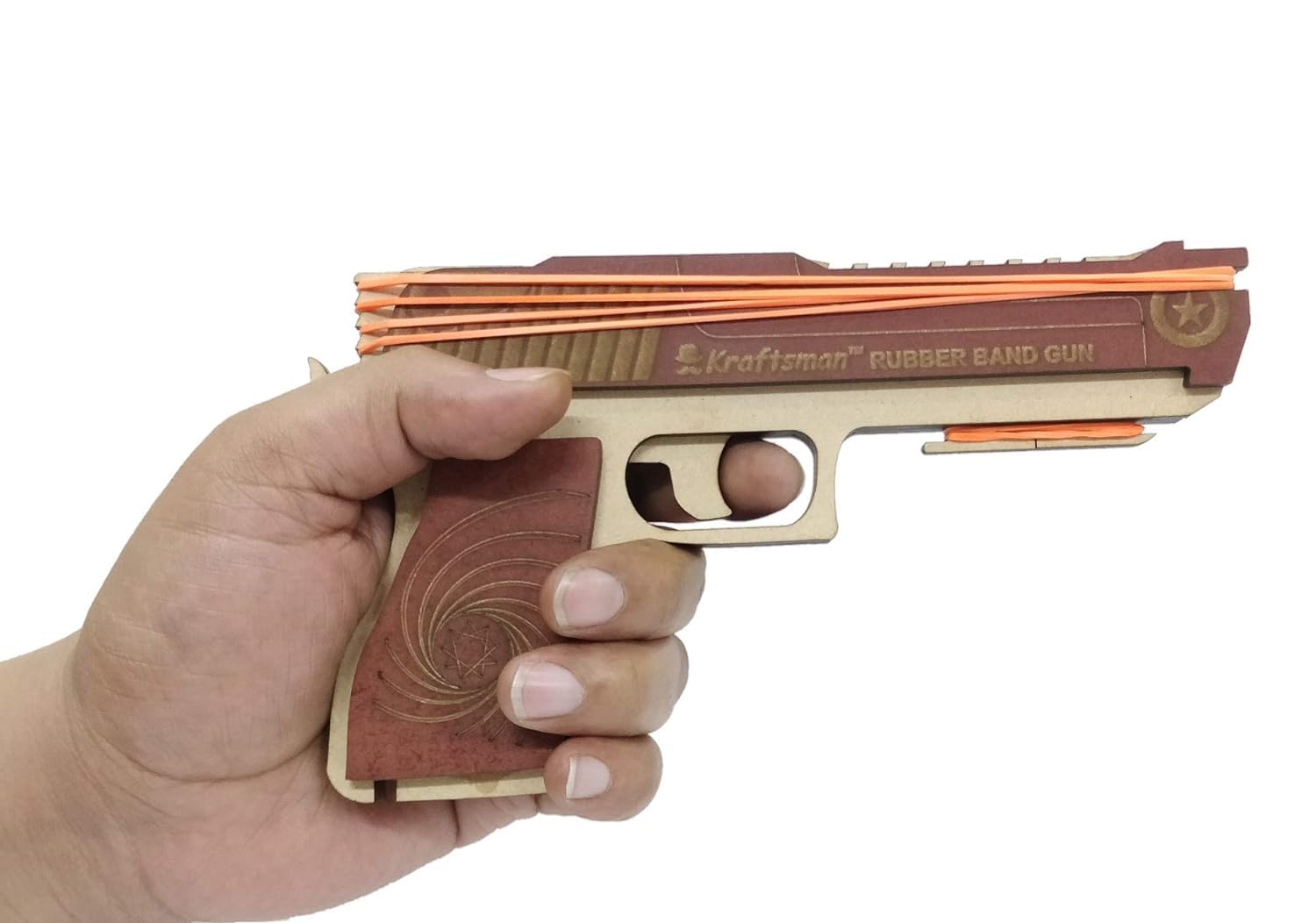 Braintastic Wooden Semi-Automatic Rubber Band Shooting Gun Toys with 5 Rapid Fire Shots for Kids (Brown Beige)
