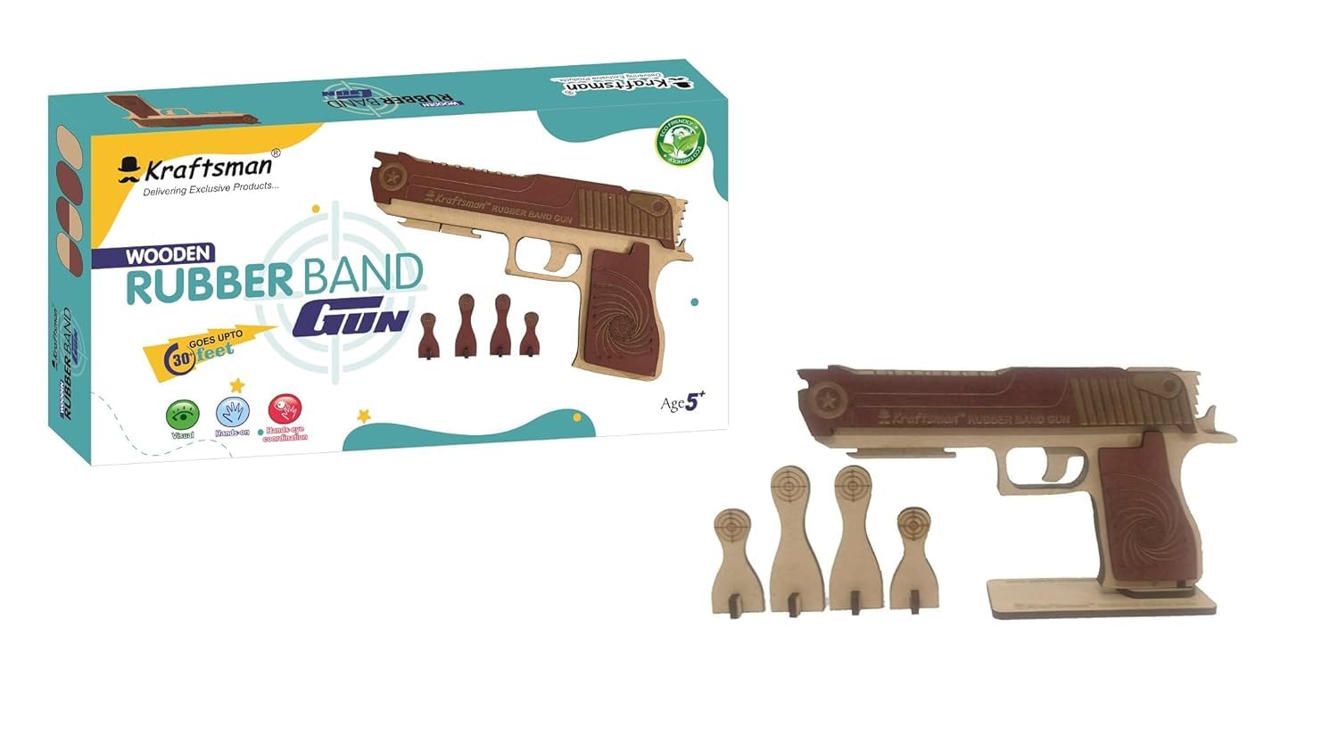 Braintastic Wooden Semi-Automatic Rubber Band Shooting Gun Toys with 5 Rapid Fire Shots for Kids (Brown Beige)