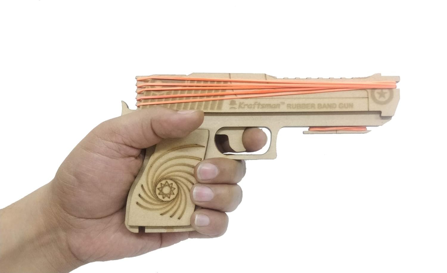 Braintastic Wooden Semi-Automatic Rubber Band Shooting Gun Toys with 5 Rapid Fire Shots for Kids (Beige)