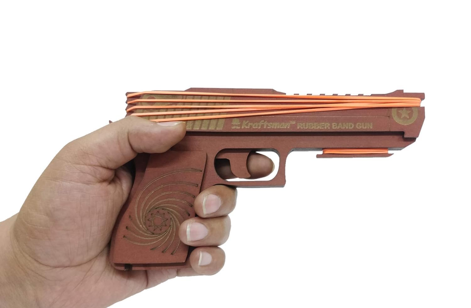 Braintastic Wooden Semi-Automatic Rubber Band Shooting Gun Toys with 5 Rapid Fire Shots for Kids (Brown)