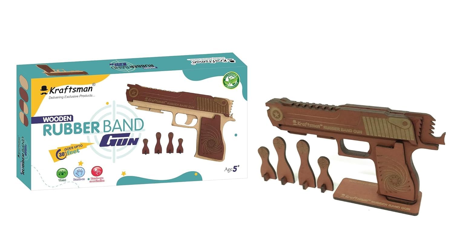 Braintastic Wooden Semi-Automatic Rubber Band Shooting Gun Toys with 5 Rapid Fire Shots for Kids (Brown)