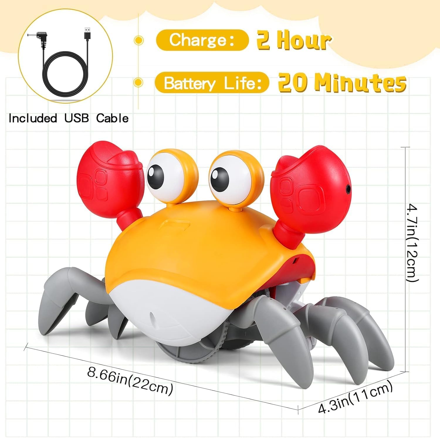 Braintastic Rechargeable Crawling Crab Baby Musical Toy with Led Lights & Music Interactive Early Learning Dancing Toys for Kids (Yellow Red)