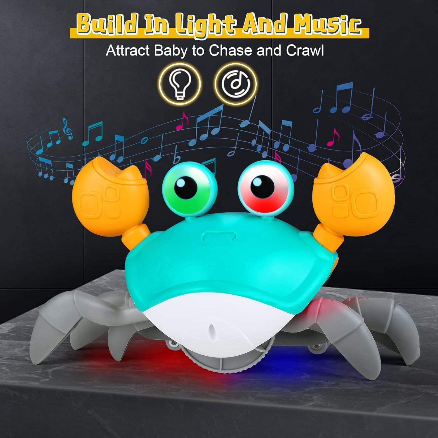 Braintastic Rechargeable Crawling Crab Baby Musical Toy with Led Lights & Music Interactive Early Learning Dancing Toys for Kids (Green Yellow)