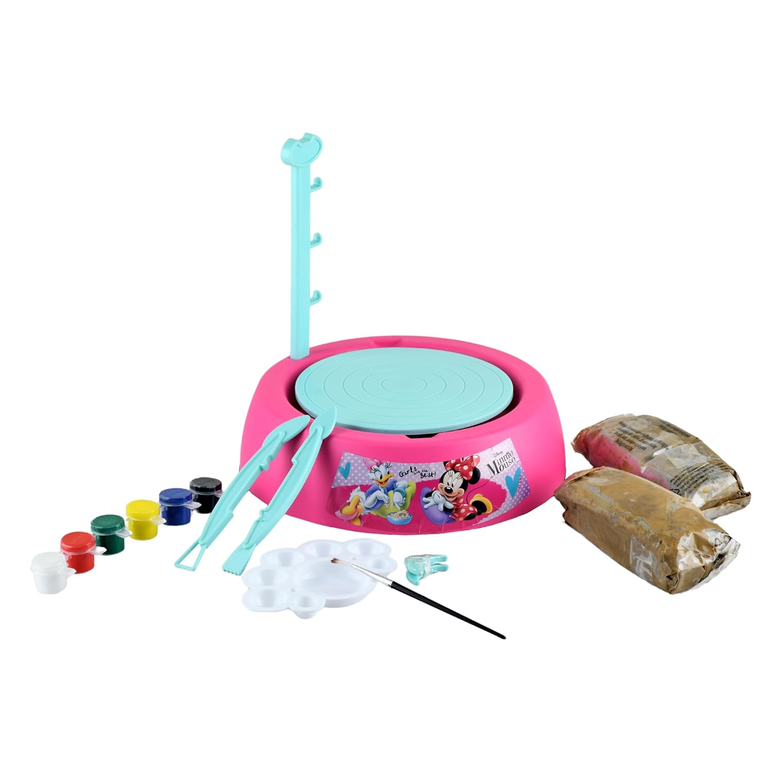 Disney Minnie Mouse Pottery Wheel Battery Operated with Molding Clay & Painting Kit Learning and Education Multicolor Board Game Toys for Kids (Pink)