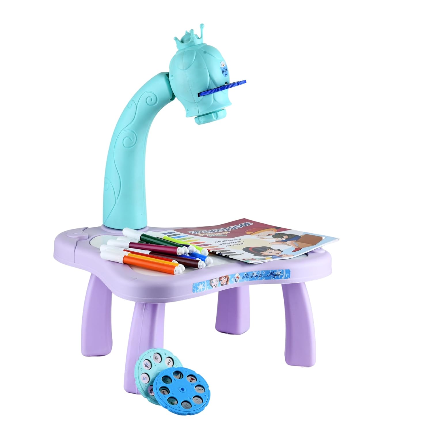 Disney Frozen Drawing Kids Projector Set Painting Desk Table with Patterns & Colorful Water Pens Table Lamp for Better Creativity & Education Board Game for Kids