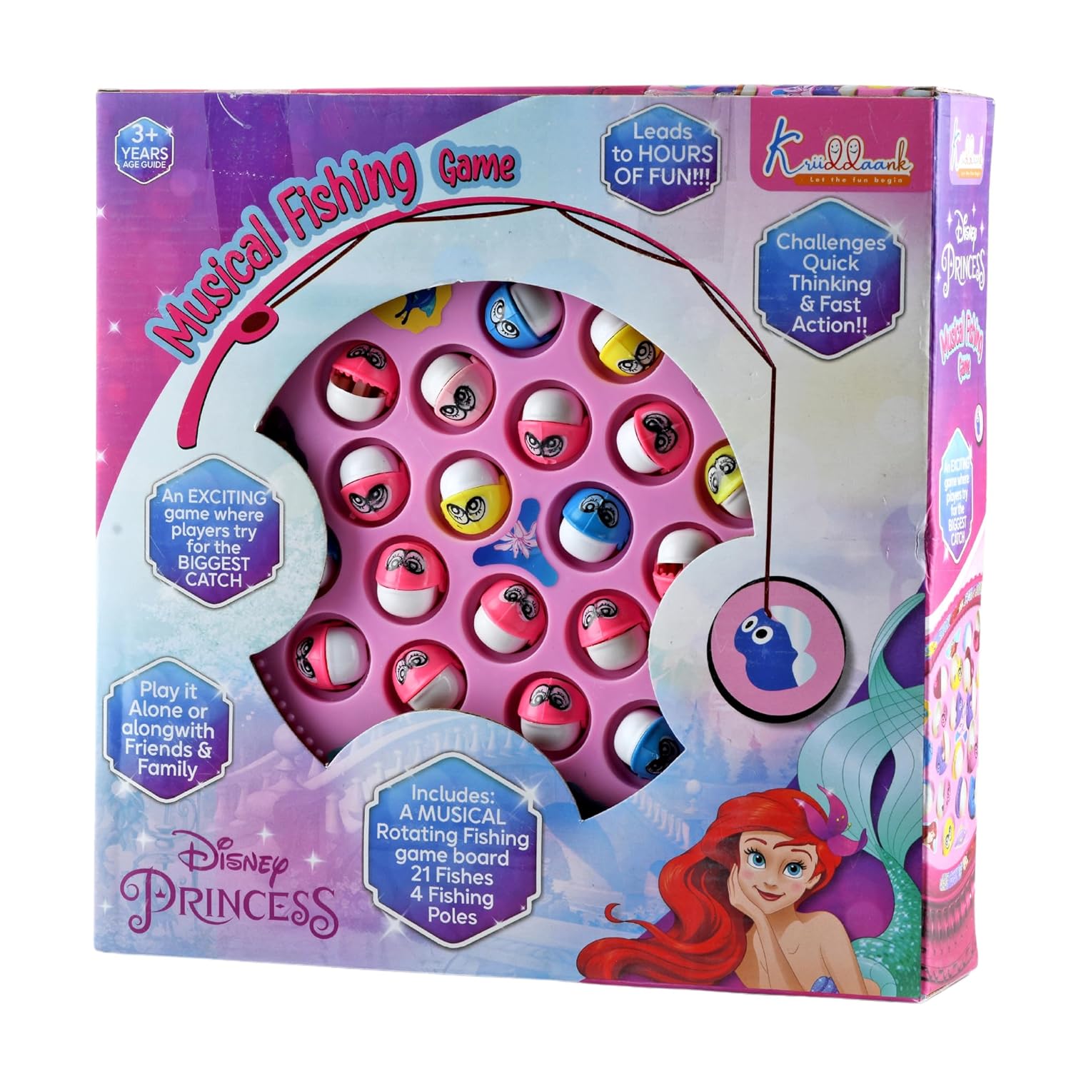 Disney Princess Medium Musical Fishing Game Fish Catching Board Game Toy 21 Fishes with Medium Round Pond & 4 Fish Catching Sticks for Kids