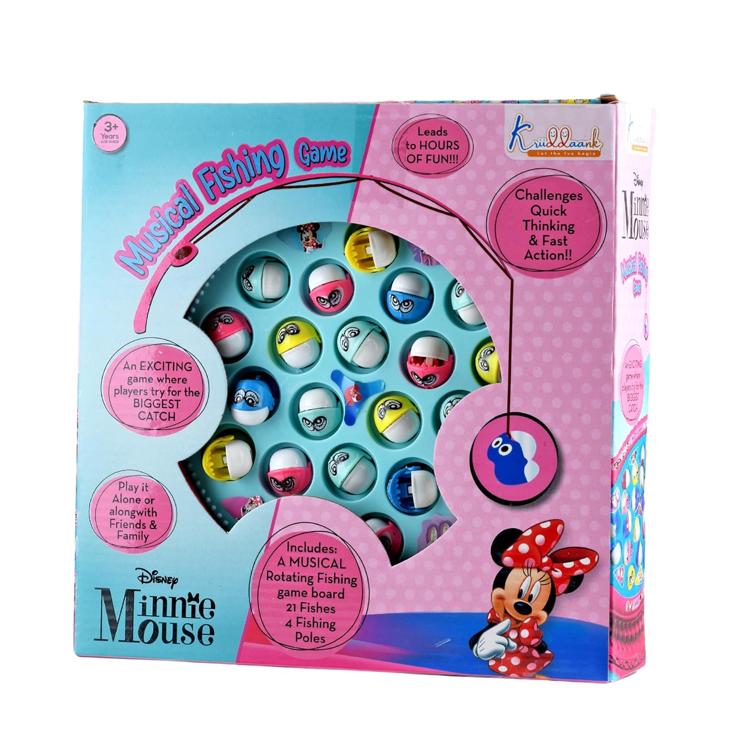 Disney Minnie Mouse Musical Fishing Game Fish Catching Board Game Toy 21 Fishes with Medium Round Pond & 4 Fish Catching Sticks for Kids