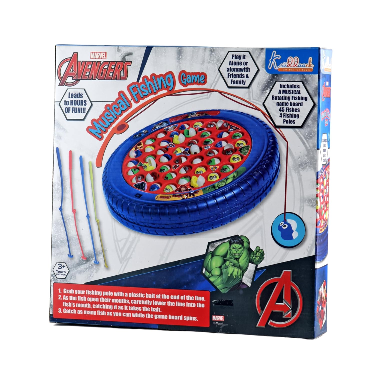 Marvel Avenger Musical Fishing Game Fish Catching Board Game Toy 45 Fishes with Big Round Pond & 4 Fish Catching Sticks for Kids (Blue)