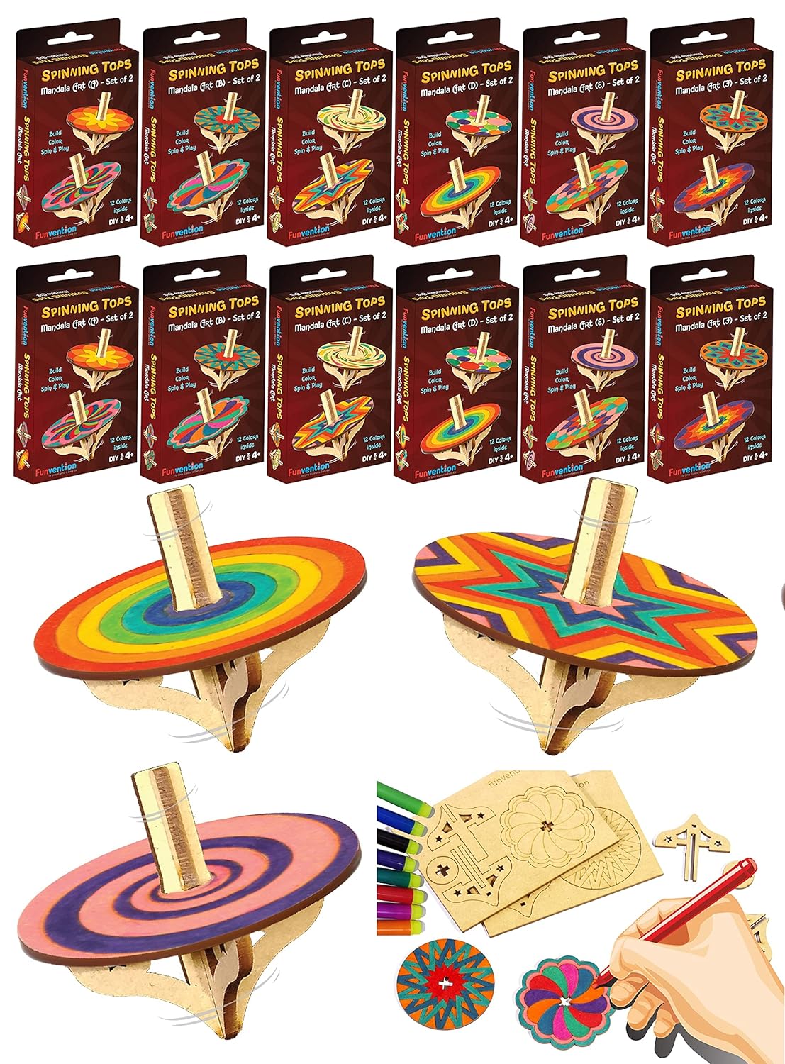 Funvention DIY Spinning Top Kits (Mandal Art) Pack of 12 - Build, Color, Play, Art & Craft Coloring Activity Birthday Return Gifts Party Pack Return Favors for Kids (2 Tops & 8 Colors Per Pack)
