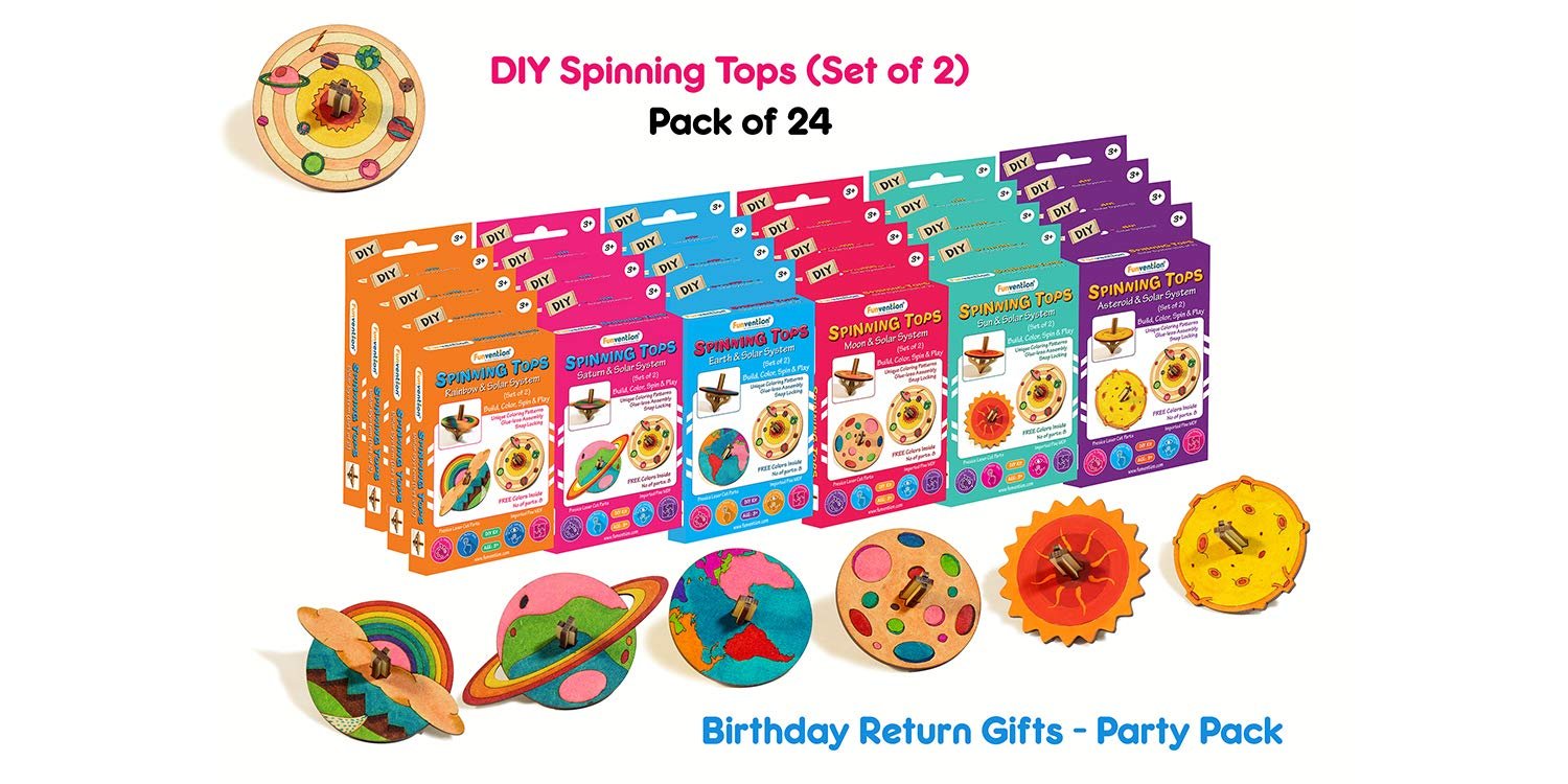 Funvention Birthday Return Gifts (Pack of 24) - DIY Spinning Top Kits (Solar System) Build, Color, Play, Art & Craft Coloring Activity Party Pack Return Favors for Kids (2 Tops & 8 Colors Per Pack)