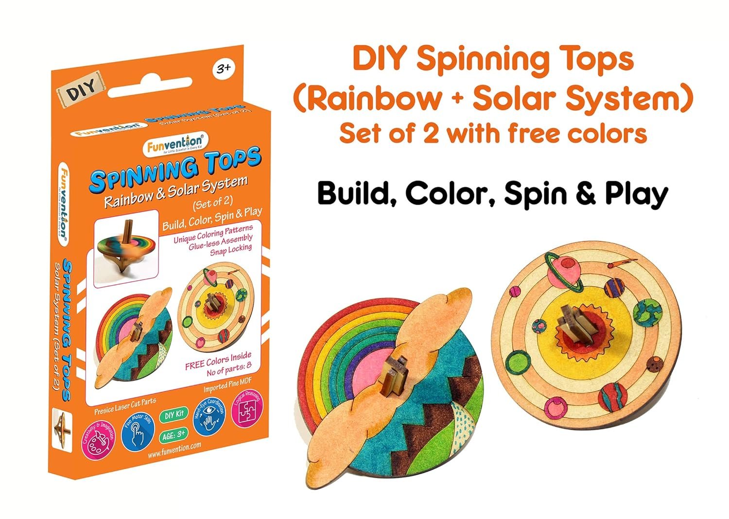 Funvention Birthday Return Gifts (Pack of 24) - DIY Spinning Top Kits (Solar System) Build, Color, Play, Art & Craft Coloring Activity Party Pack Return Favors for Kids (2 Tops & 8 Colors Per Pack)