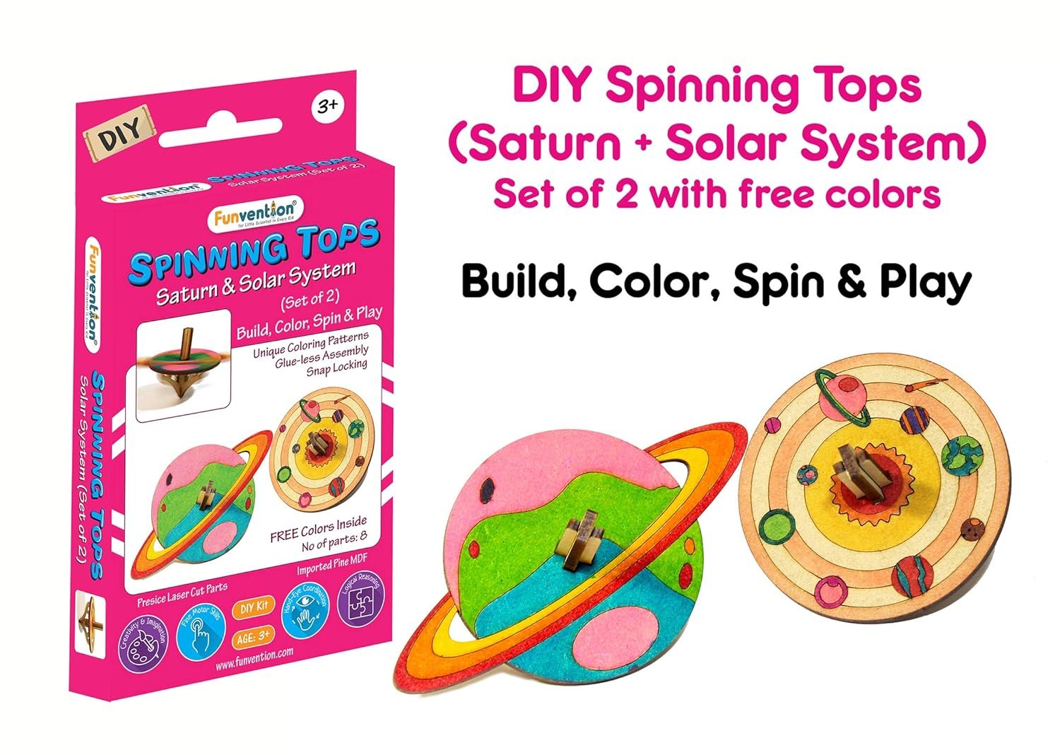 Funvention Birthday Return Gifts (Pack of 24) - DIY Spinning Top Kits (Solar System) Build, Color, Play, Art & Craft Coloring Activity Party Pack Return Favors for Kids (2 Tops & 8 Colors Per Pack)