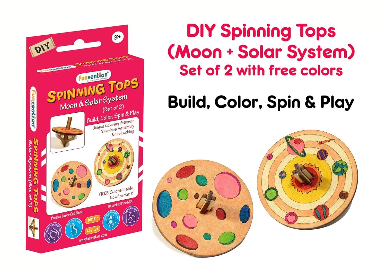 Funvention Birthday Return Gifts (Pack of 24) - DIY Spinning Top Kits (Solar System) Build, Color, Play, Art & Craft Coloring Activity Party Pack Return Favors for Kids (2 Tops & 8 Colors Per Pack)