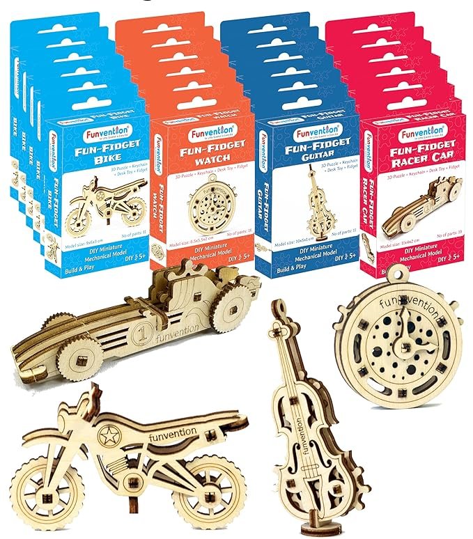 Funvention Fun Fidgets Assorted (6 x 4 DIY Miniature Mechanical Models Bike, Car, Guitar & Watch) Pack of 24 - Birthday Return Gifts Party Pack Return Favors for Kids Art & Craft STEM Learning Toys