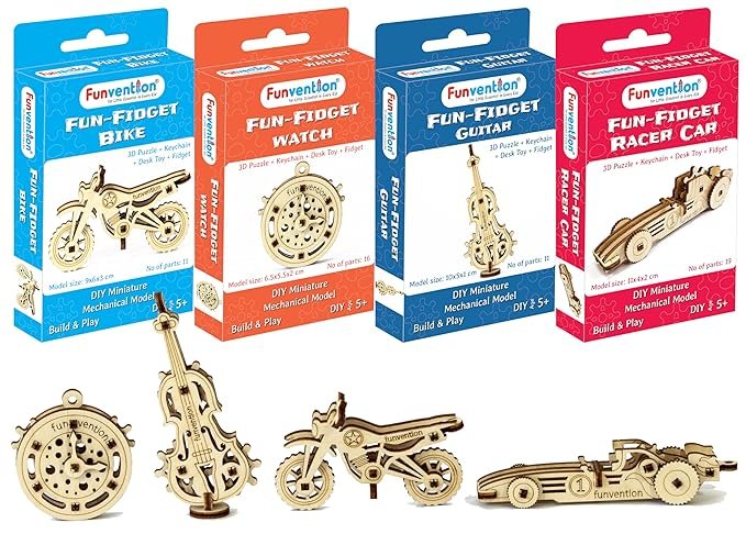 Funvention Fun Fidgets Assorted (6 x 4 DIY Miniature Mechanical Models Bike, Car, Guitar & Watch) Pack of 24 - Birthday Return Gifts Party Pack Return Favors for Kids Art & Craft STEM Learning Toys