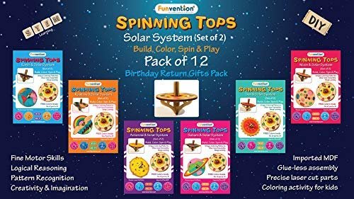 Funvention Birthday Return Gifts (Pack of 12) - DIY Spinning Top Kits (Solar System) Build, Color, Play, Art & Craft Coloring Activity Party Pack Return Favors for Kids (2 Tops & 8 Colors Per Pack)