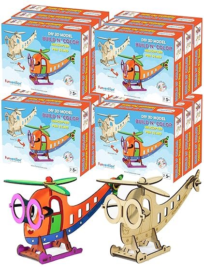 Funvention Helicopter - 3D Coloring Model (Pack of 12) - DIY Desk Organizer Pen Stand - STEM Leanring 3D Puzzle Toy -Art, Coloring and Painting Kit for Kids -Birthday Return Gift, Kids Party Pack