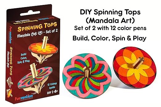 Braintastic DIY Spinning Top Kits (Mandal Art) Pack of 12 - Build, Color, Play, Art & Craft Coloring Activity Birthday Return Gifts Party Pack Return Favors for Kids (2 Tops & 8 Colors Per Pack)