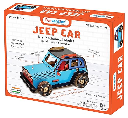 FUNVENTION Jeep Car - DIY Functional Mechanical Model 3D Puzzle STEM Lerning Kit Collectible Cars Building Kit with Working Wheels & Shocks