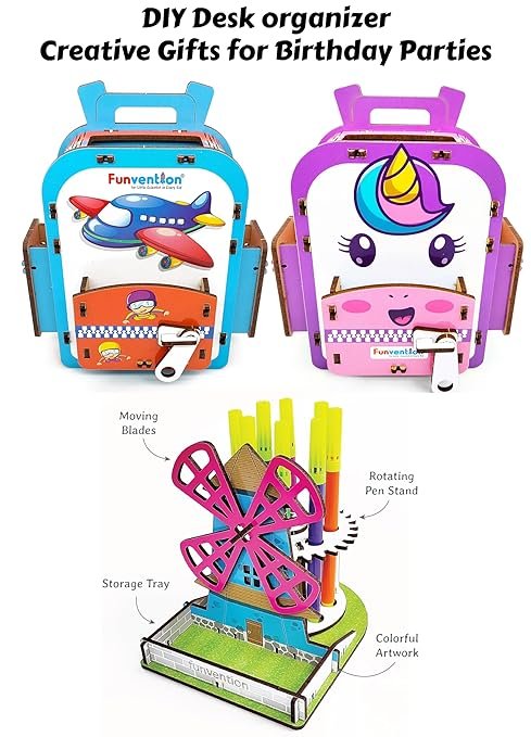 Funvention (Combo of 3) Windmill + Unicorn + Airplane DIY Pen Stand Desk Organizer Birthday Return Gifts for 4+ Years Kids 3D Puzzle Art and Craft