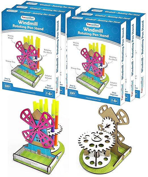 Funvention (Pack of 6) Windmill DIY Pen Stand Mechanical Model Desk Organizer for 4+ Years Kids 3D Puzzle Art and Craft Birthday Return Gifts