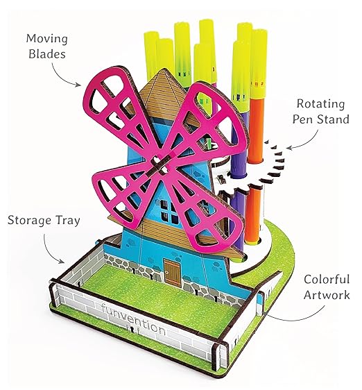 Funvention (Pack of 6) Windmill DIY Pen Stand Mechanical Model Desk Organizer for 4+ Years Kids 3D Puzzle Art and Craft Birthday Return Gifts