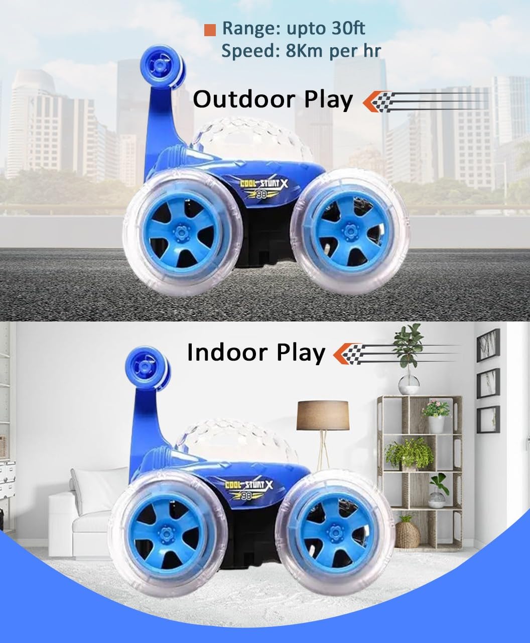 Braintastic Rechargeable 360° Rotating & Rolling Big Stunt Car with USB Cable & Remote Controller, Dacing, Acrobatic Spiral Spin Music Toy for Kids (Blue)