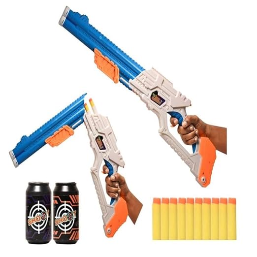 Braintastic Double Barrel Super Shot Gun with Ejecting Shells-10 Soft Dart Bullet & 2 Targets Toy for Kids Age 8+ Years (Blue White)