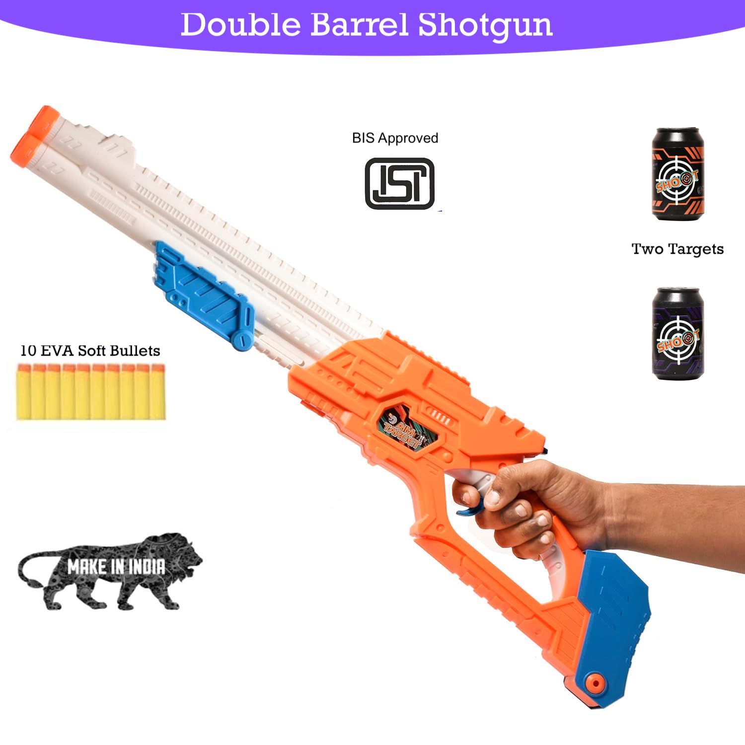Braintastic Double Barrel Super Shot Gun with Ejecting Shells10 Soft Dart Bullet & 2 Targets Toy for Kids Age 8+ Years (White Orange)