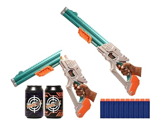 Braintastic Double Barrel Super Shot Gun with Ejecting Shells10 Soft Dart Bullet & 2 Targets Toy for Kids Age 8+ Years (Green White)