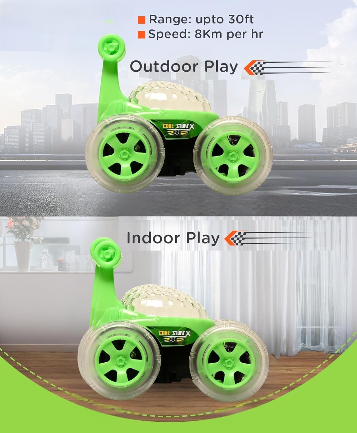 Braintastic Rechargeable 360° Rotating & Rolling Big Stunt Car with USB Cable & Remote Controller, Dacing, Acrobatic Spiral Spin Music Toy for Kids (Green)