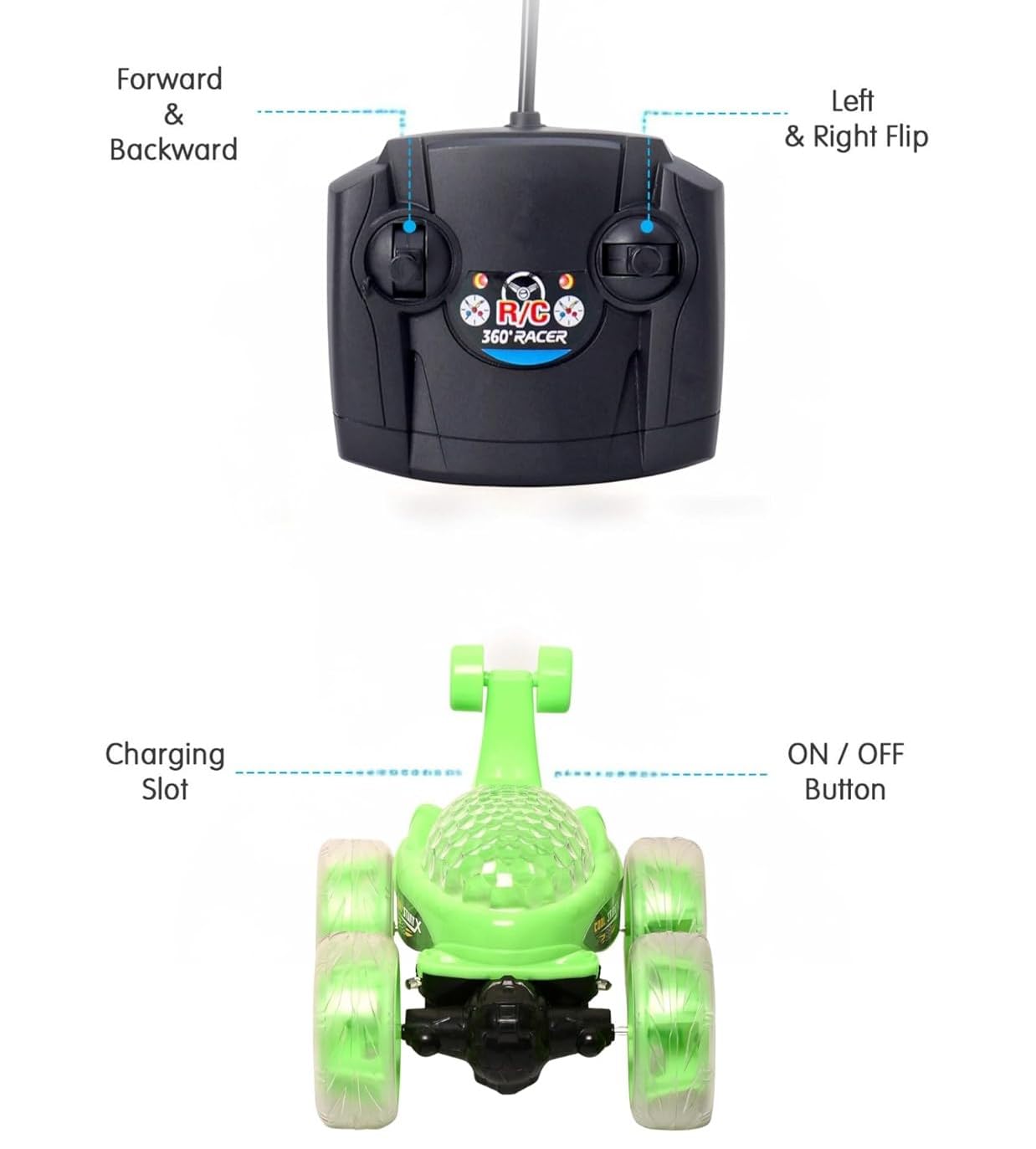 Braintastic Rechargeable 360° Rotating & Rolling Big Stunt Car with USB Cable & Remote Controller, Dacing, Acrobatic Spiral Spin Music Toy for Kids (Green)