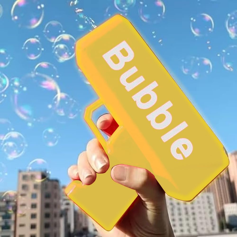 Braintastic One Click Electric Automatic Bubble Maker Gun with Light & Music with 2 Refill Solution for Kids (Yellow)