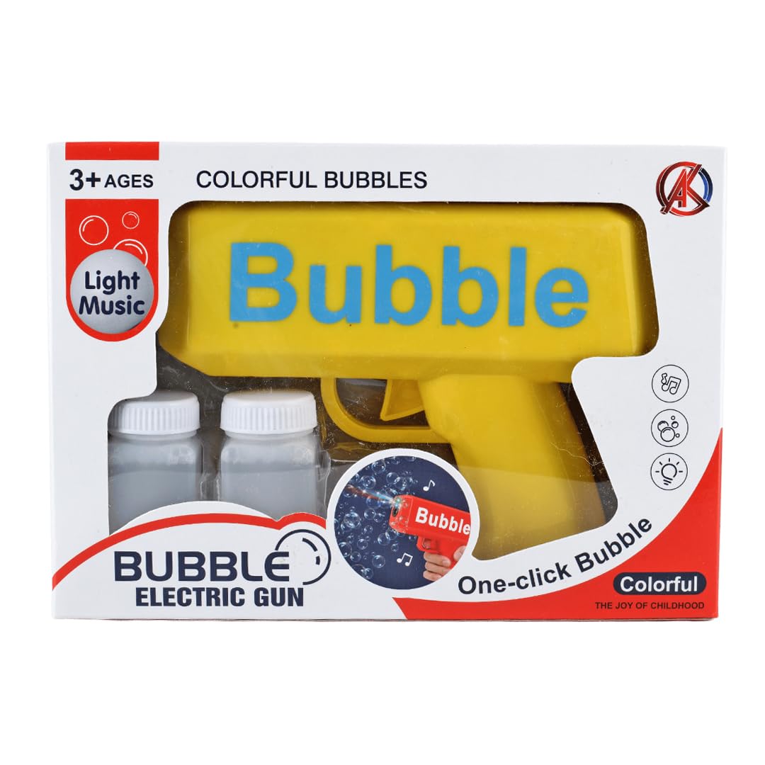 Braintastic One Click Electric Automatic Bubble Maker Gun with Light & Music with 2 Refill Solution for Kids (Yellow)