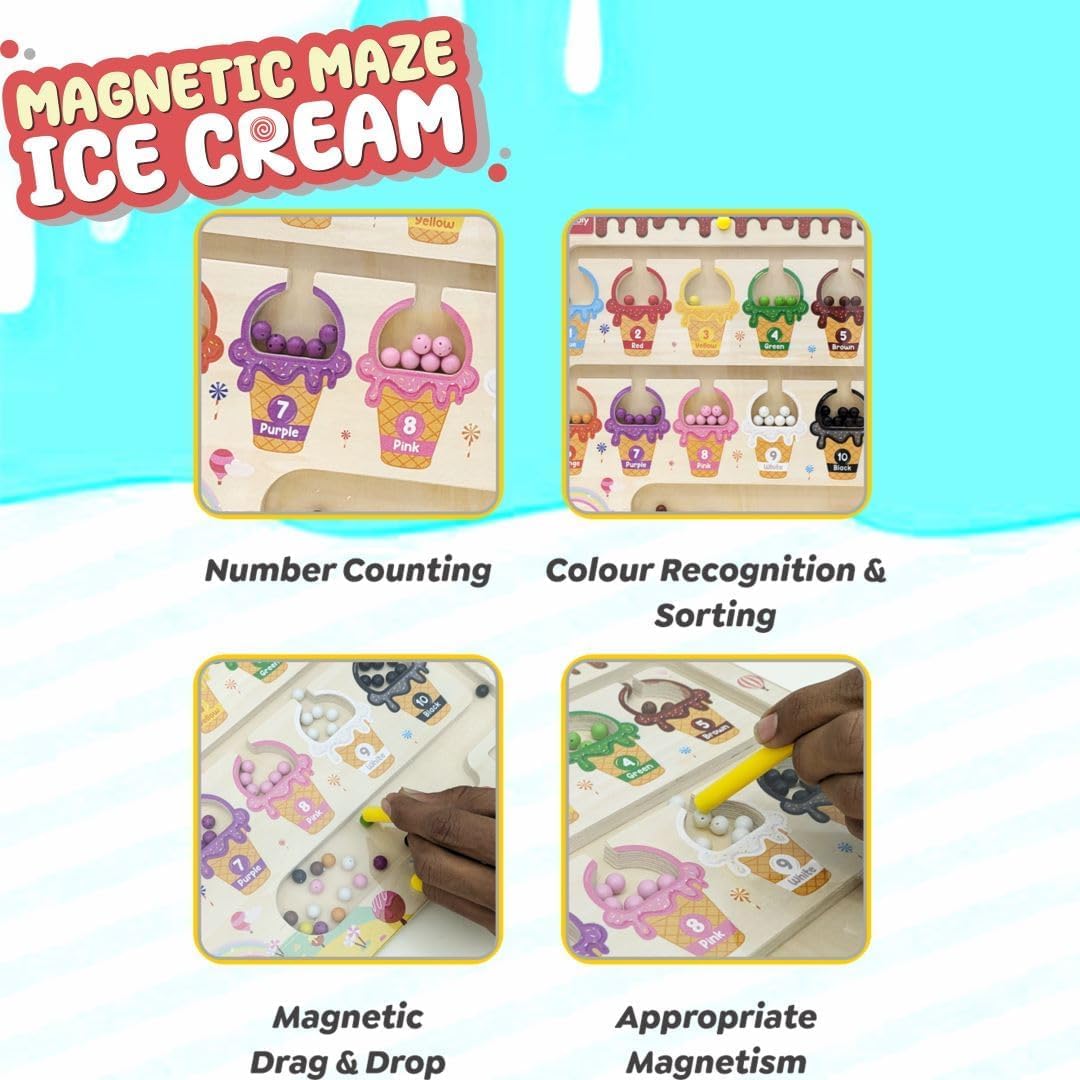 Braintastic Montessori Magnetic Color and Number Maze Board Puzzle Toy,Learning and Educational Birthday Gifts for Toddlers (Icecream Maze)