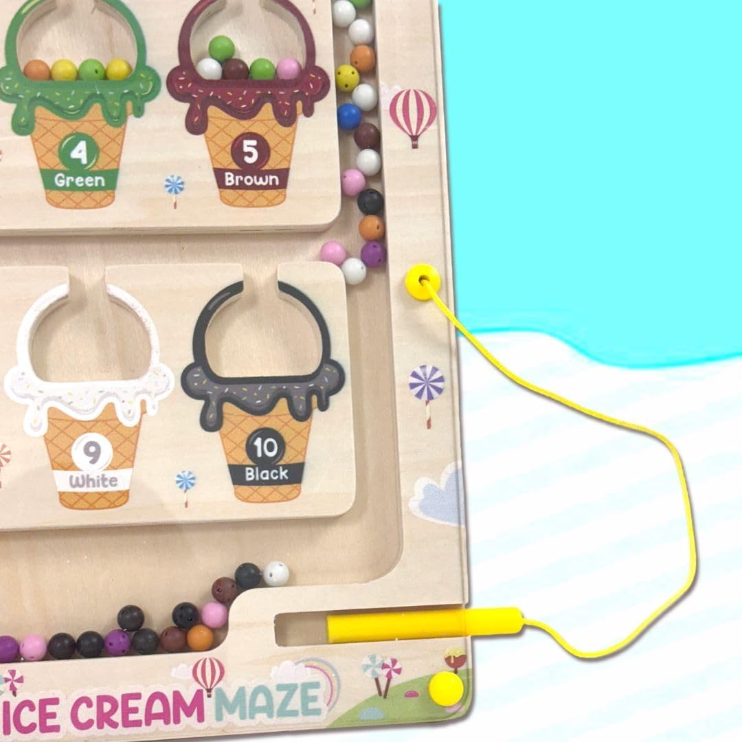 Braintastic Montessori Magnetic Color and Number Maze Board Puzzle Toy,Learning and Educational Birthday Gifts for Toddlers (Icecream Maze)