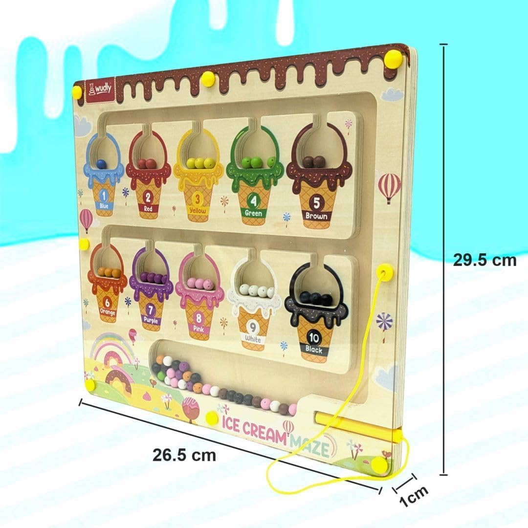 Braintastic Montessori Magnetic Color and Number Maze Board Puzzle Toy,Learning and Educational Birthday Gifts for Toddlers (Icecream Maze)